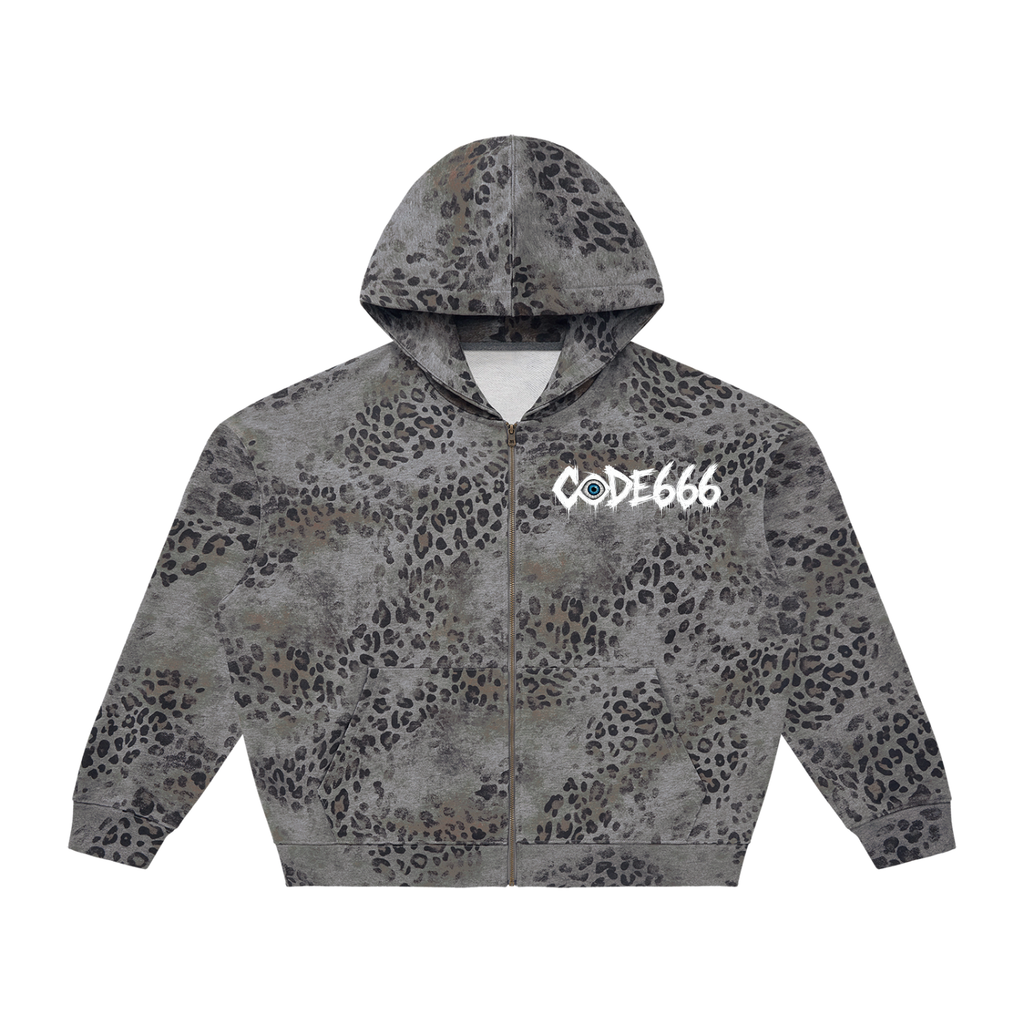 CODE666: Unisex Vintage Wash Leopard Full Zip Hoodie