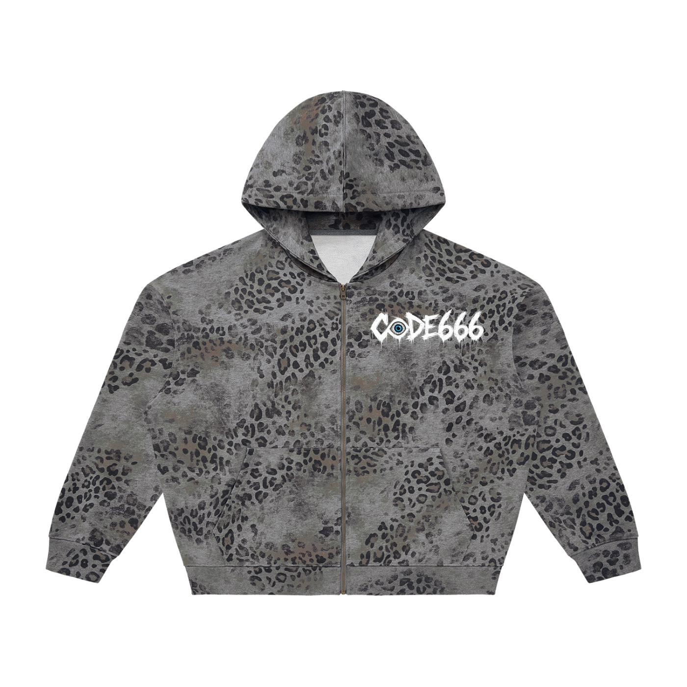 CODE666: Unisex Vintage Wash Leopard Full Zip Hoodie